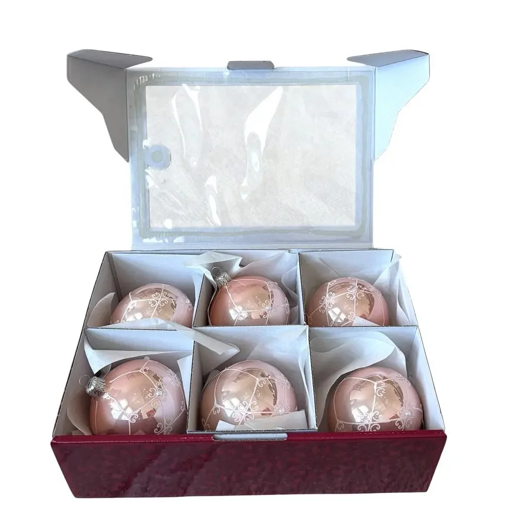 NEW Vitbis Poland Handcrafted Glass Ornaments Set of 6 Pink w/ White Glitter